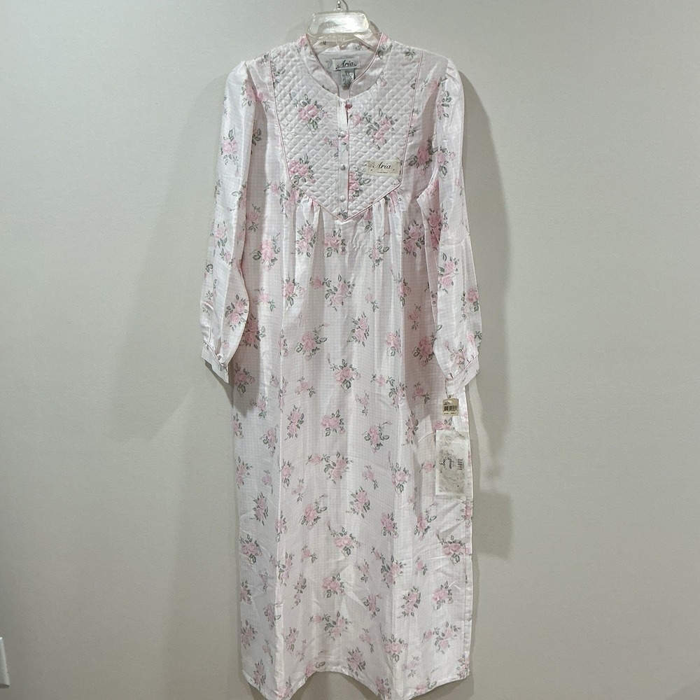 Vtg Aria Nightgown Womens S 8/10 White Pink Floral Grannycore Deadstock NOS